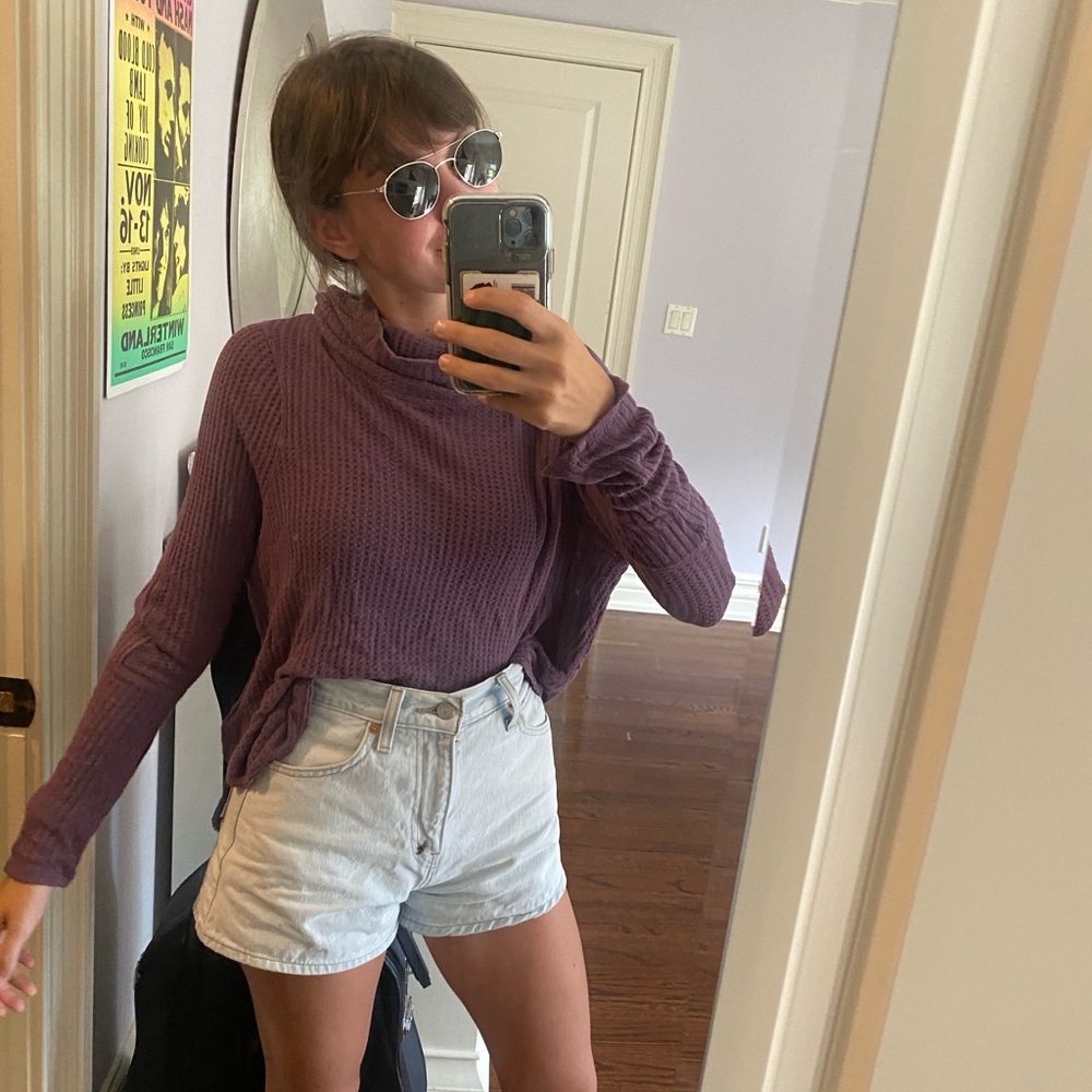 Free People Purple Waffle Cowl Neck Shirt